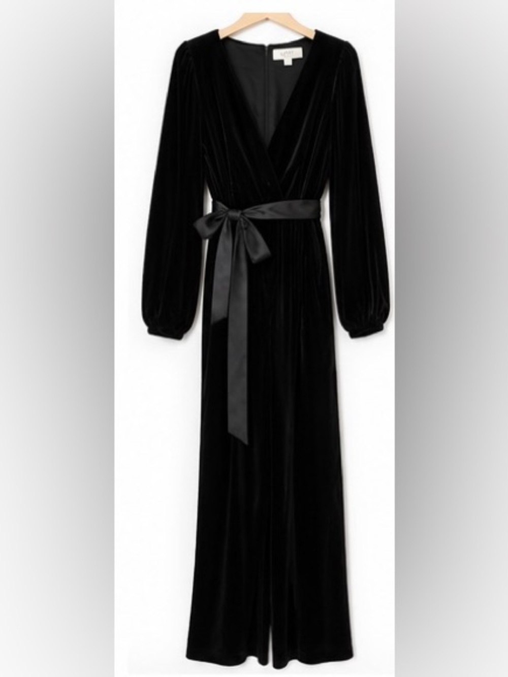 LOFT Black Velvet Long-Sleeve Wrap Jumpsuit with Satin Sash